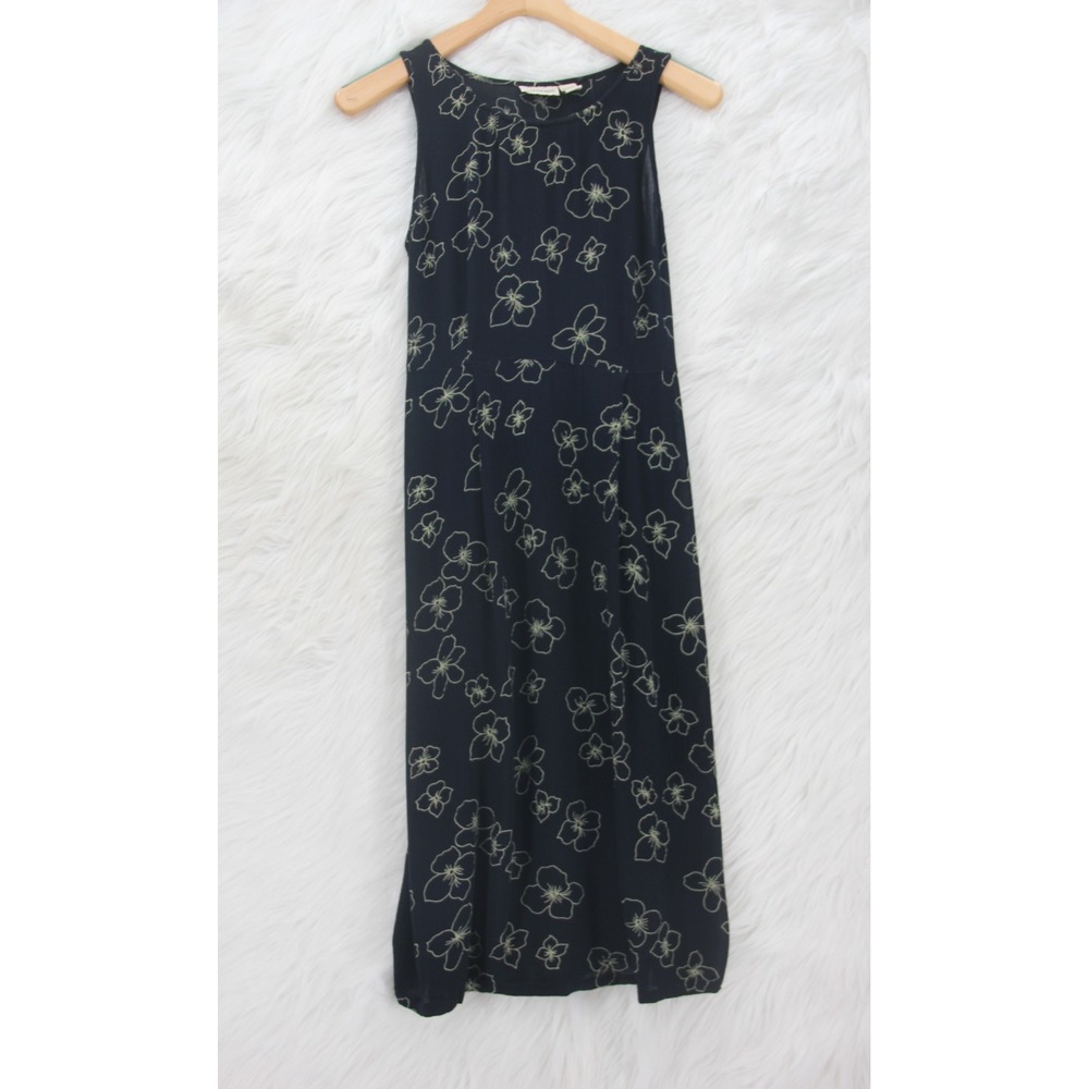 VINTAGE Y2K 90's Putumayo Dress Womens S Midi Navy Blue Yellow Floral #1542